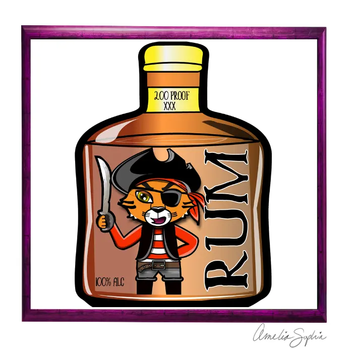 Pirate tiger rum bottle. Adobe illustrator. Meelie of meelie.art.