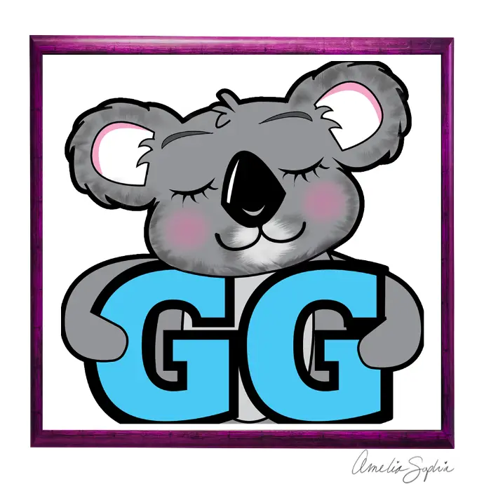 Koala holding the letters GG Emote. Handdrawn then recreated in adobe illustrator. Meelie of Meelie.art