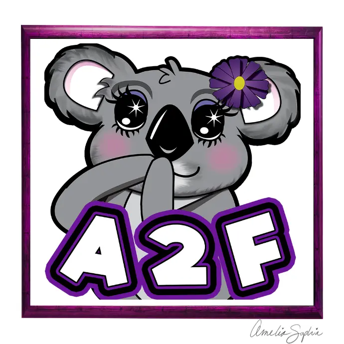 Koala with flower emote saying a2f. Meelie of meelie.art.