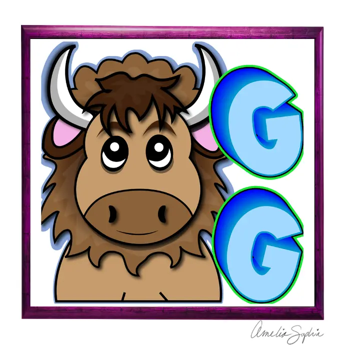 Buffalo reading the words GG emote. Meelie of meelie.art.