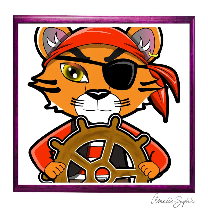 Pirate tiger with camptains wheel. Meelie of meelie.art.