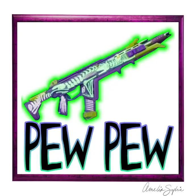 Video gamer weapon emote reading pew pew. Meelie of meelie.art