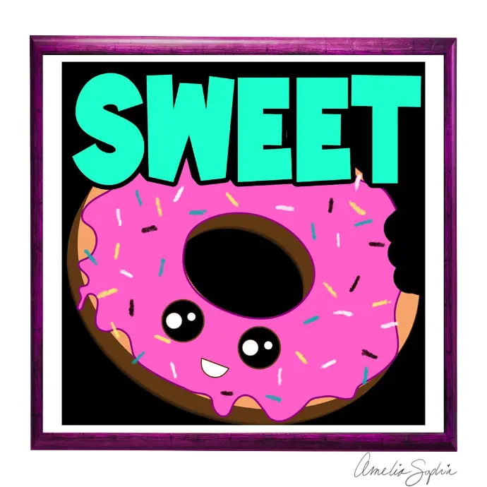 Donut with bite out of it and the word Sweet. Made in adobe illustrator. Meelie of meelie.art