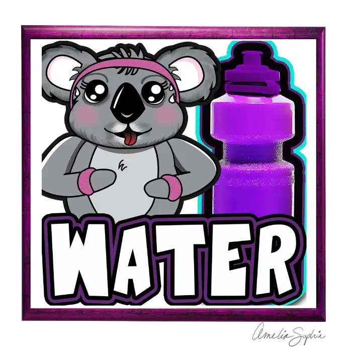 Koala with a water bottle and the word hydrate. Meelie of meelie.art.