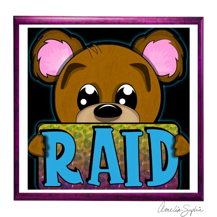 Teddy bear holding a raid sign. Adobe illustrator art. Meelie of Meelie.art.