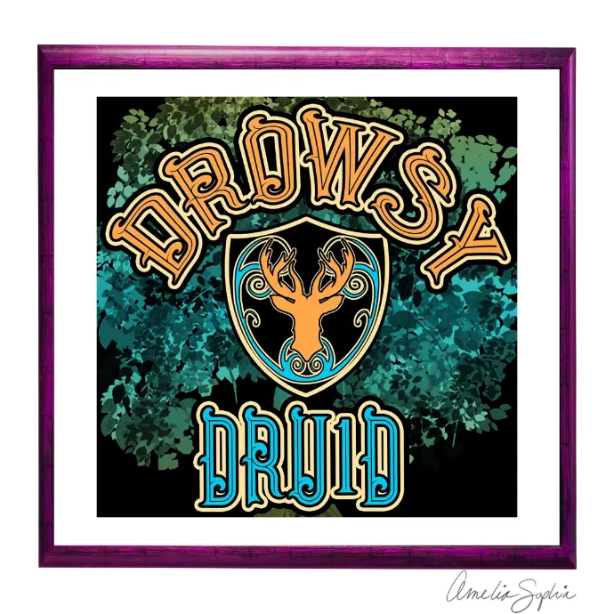 Drowsy Druid logo with deer. Meelie of meelie.art.