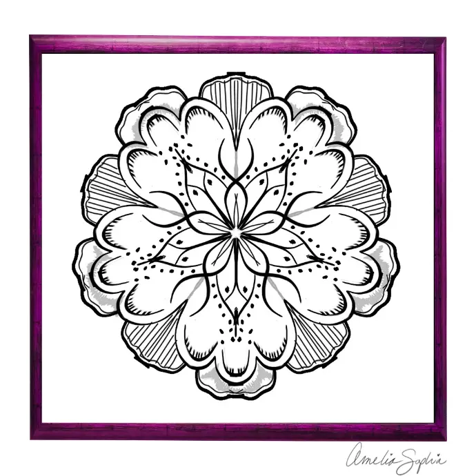 Digital Drawing of a flower with black and white designs. By Meelie of Meelie.art