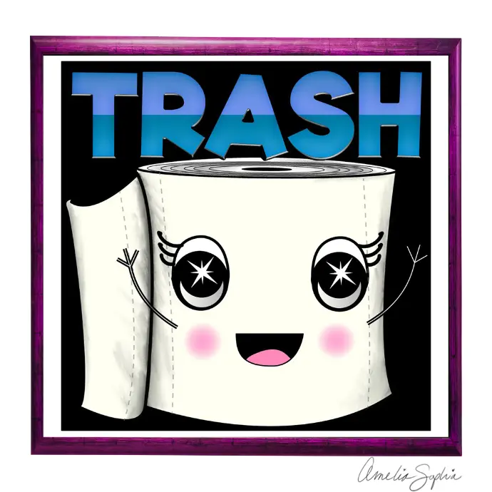 Toilet paper emote reading trash. Meelie of meelie.art.