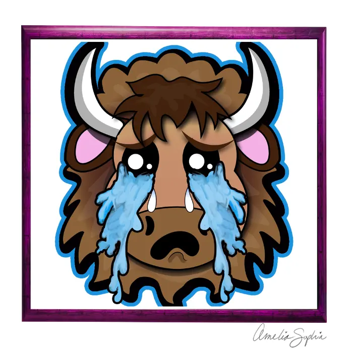 Super sad buffalo with tears. Meelie of meelie.art.